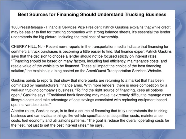 Best Sources for Financing Should Understand Trucking