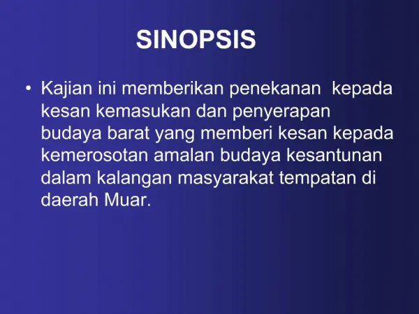 Kajian ini memberikan penekanan kepada kesan kemasukan dan penyerapan budaya barat yang memberi kesan kepada kemerosota