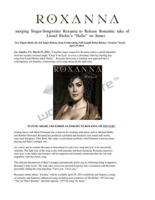 Emerging Singer-Songwriter Roxanna to Release Romantic take