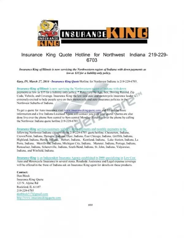 Insurance King Quote Hotline for Northwest Indiana 219-229-6
