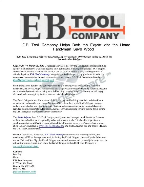 E.B. Tool Company Helps Both the Expert and the Home Handyma