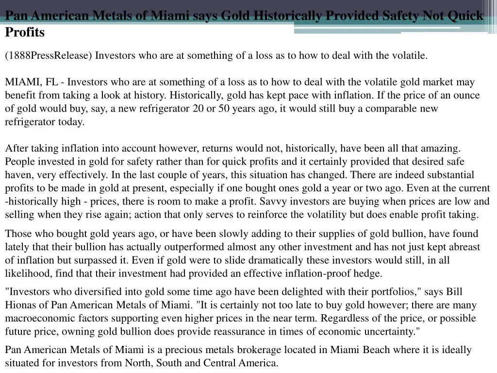 pan american metals of miami says gold