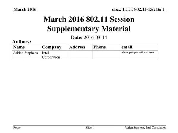 March 2016 802.11 Session Supplementary Material
