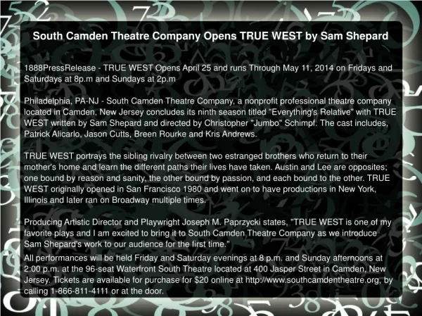South Camden Theatre Company Opens TRUE WEST by Sam Shepard