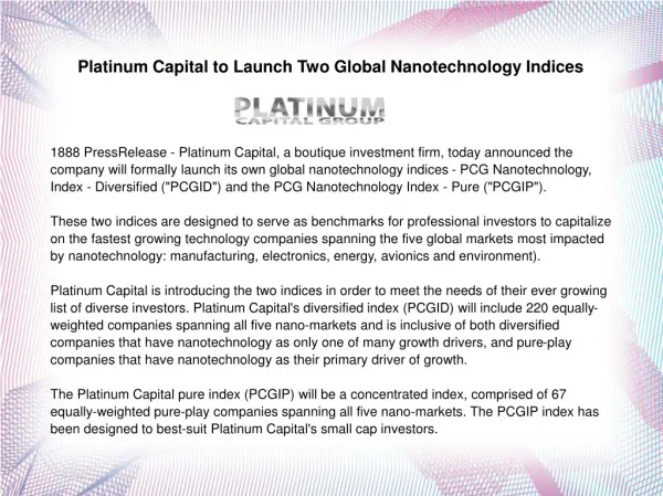 Platinum Capital to Launch Two Global Nanotechnology Indices