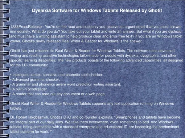 Dyslexia Software for Windows Tablets Released by Ghotit