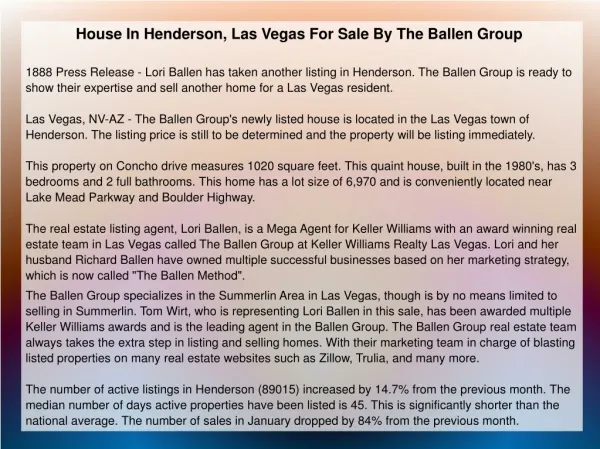 House In Henderson, Las Vegas For Sale By The Ballen Group