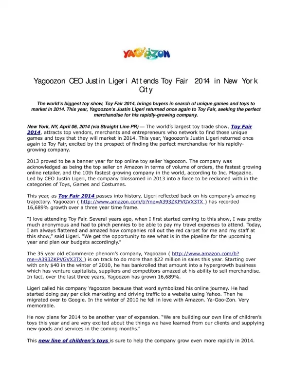 Yagoozon CEO Justin Ligeri Attends Toy Fair 2014 in New York