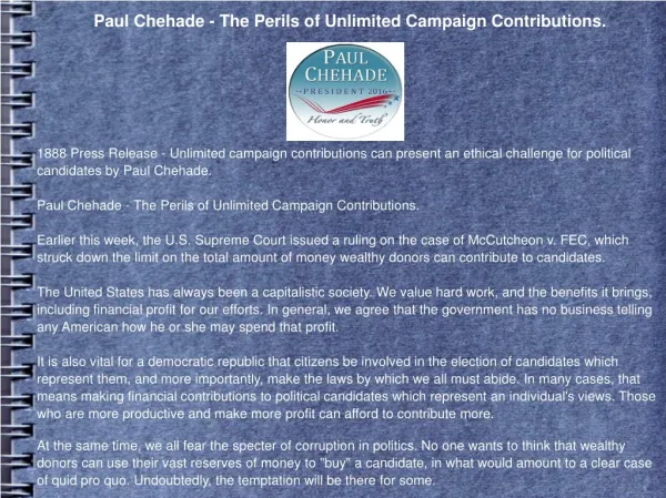 Paul Chehade - The Perils of Unlimited Campaign Contribution