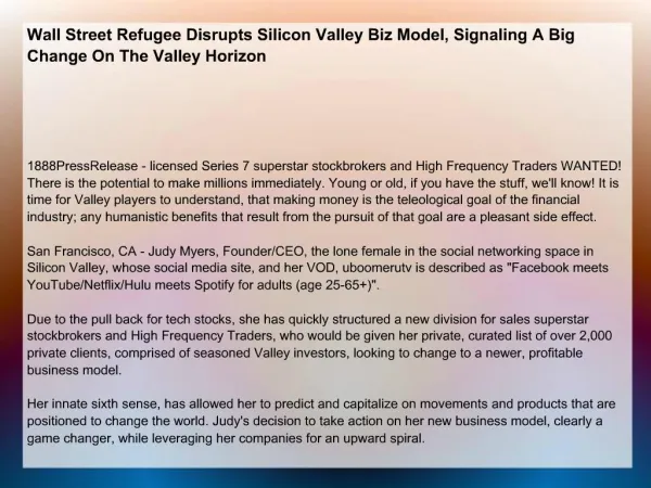 Wall Street Refugee Disrupts Silicon Valley Biz Model