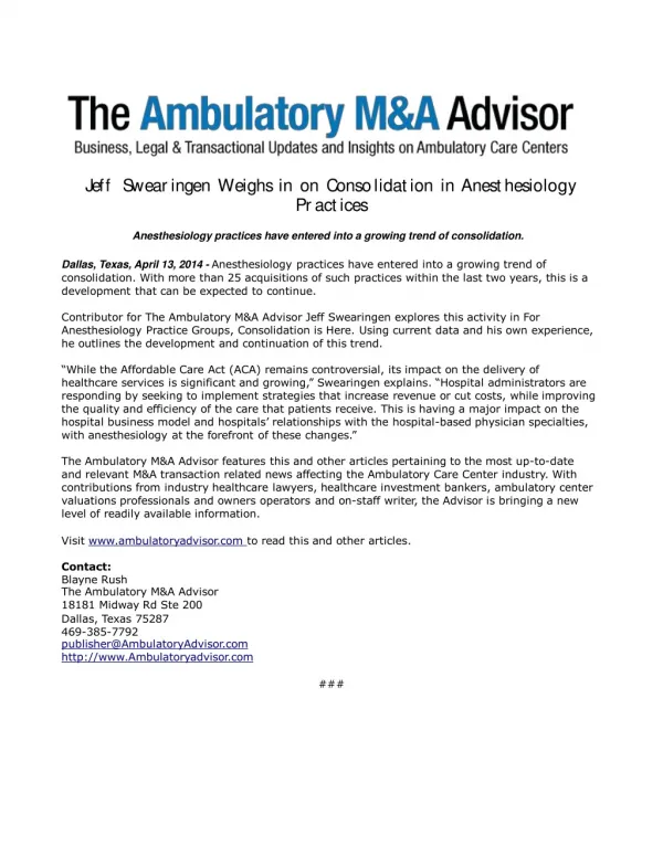Jeff Swearingen Weighs in on Consolidation in Anesthesiology
