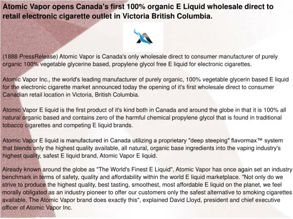 Atomic Vapor opens Canada's first 100% organic E Liquid