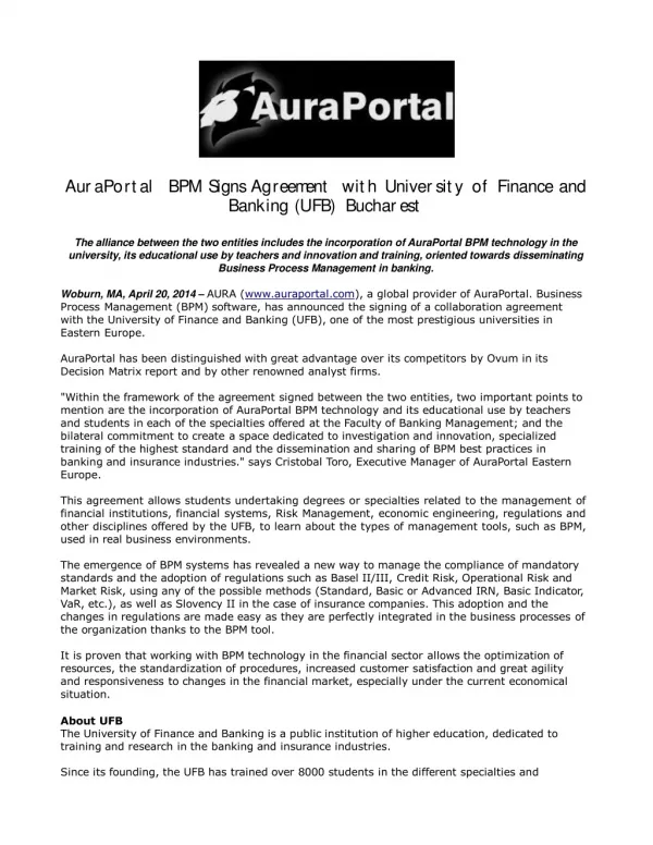 AuraPortal BPM Signs Agreement with University of Finance an
