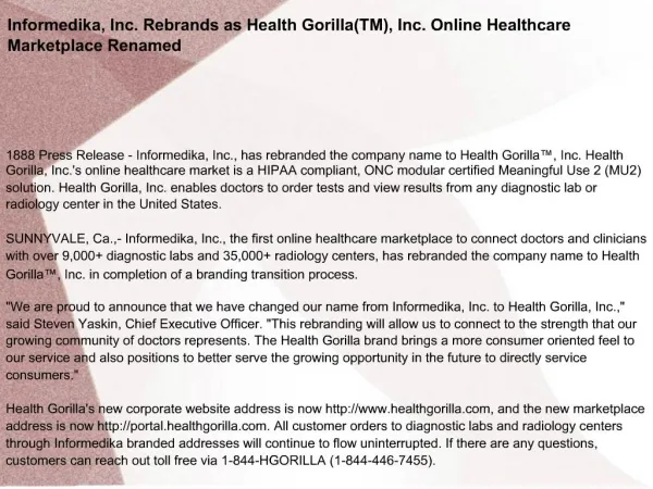 Informedika, Inc. Rebrands as Health Gorilla