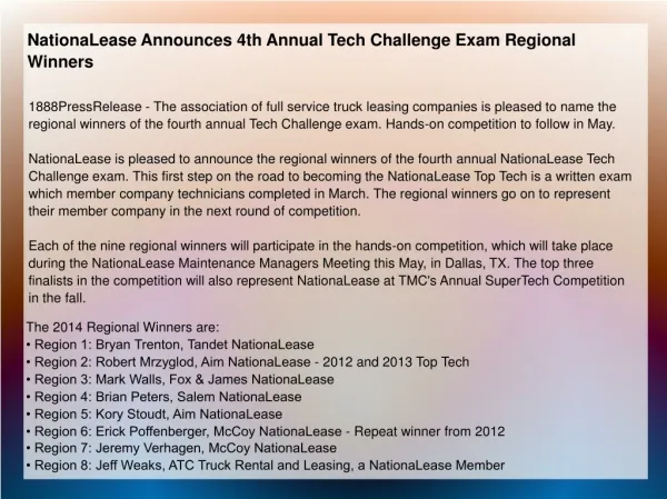 NationaLease Announces 4th Annual Tech Challenge Exam