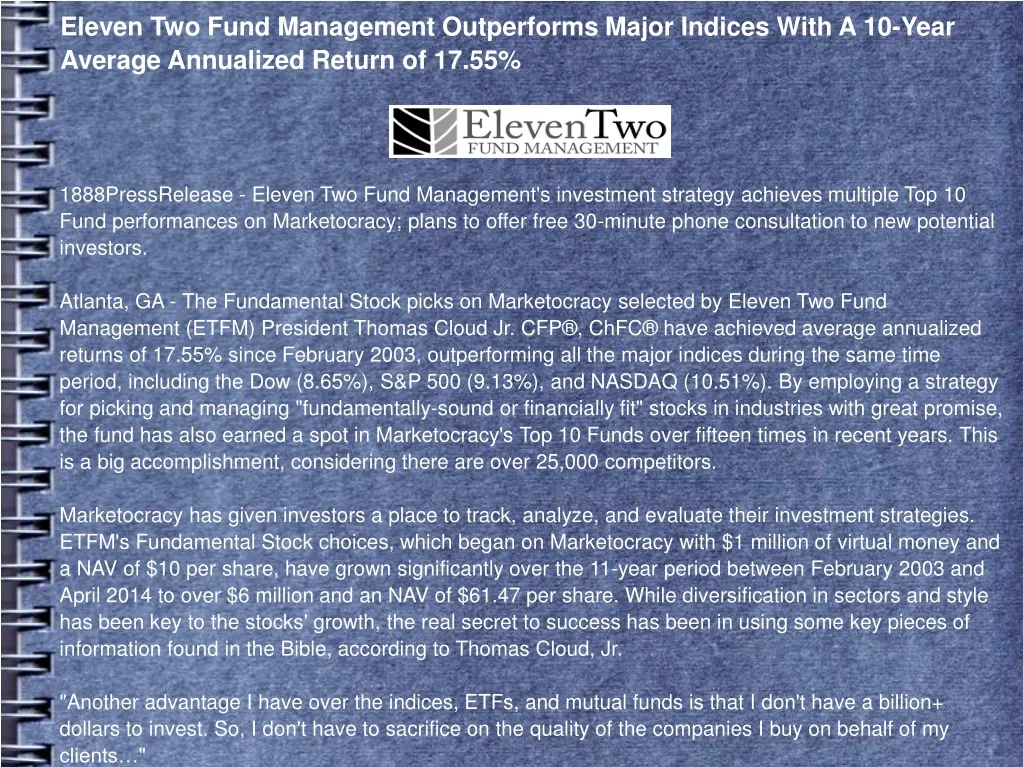 eleven two fund management outperforms major