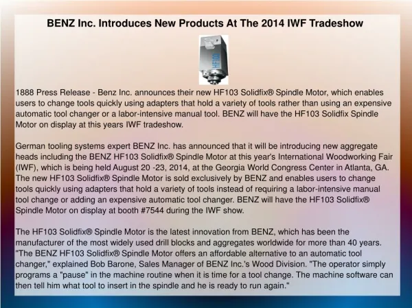 BENZ Inc. Introduces New Products At The 2014 IWF Tradeshow