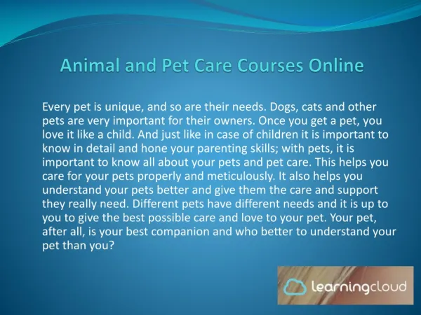 Animal And Pet Care Courses Online By Learning Cloud