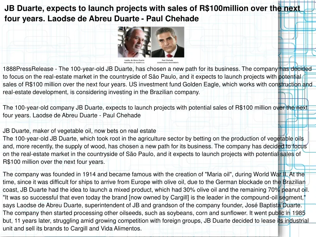 jb duarte expects to launch projects with sales