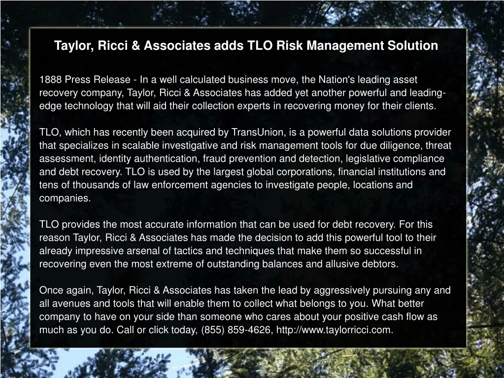 taylor ricci associates adds tlo risk management