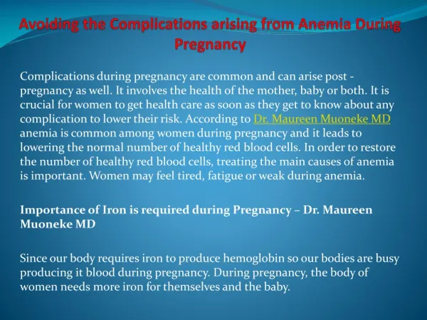 Avoiding the Complications arising from Anemia During Pregna