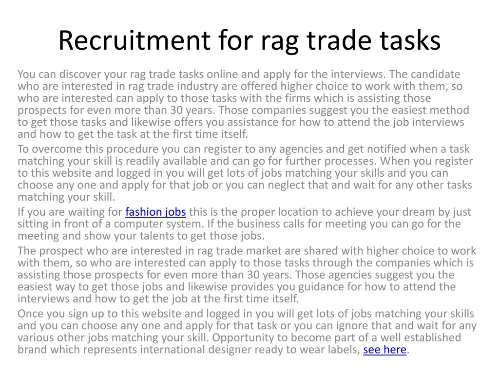 recruitment for rag trade tasks