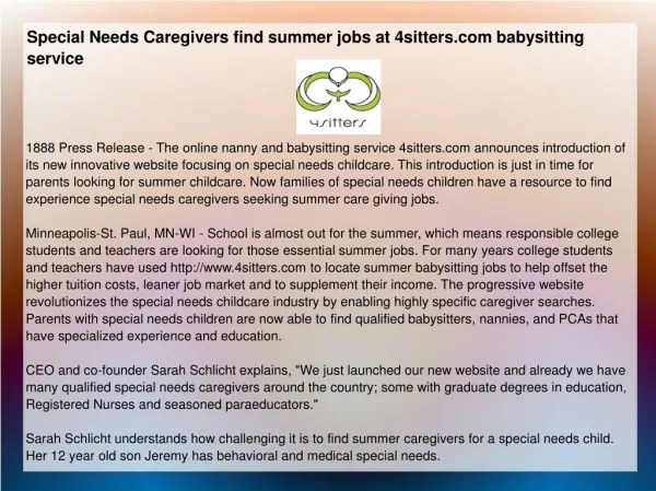 Special Needs Caregivers find summer jobs at 4sitters