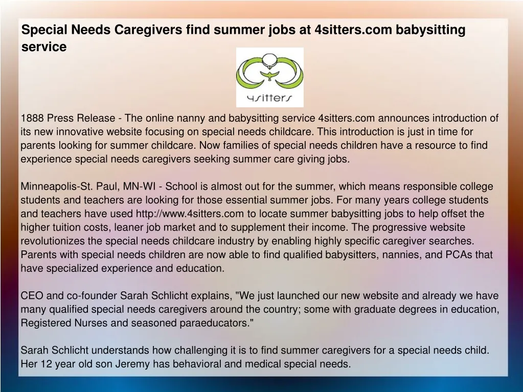 special needs caregivers find summer jobs
