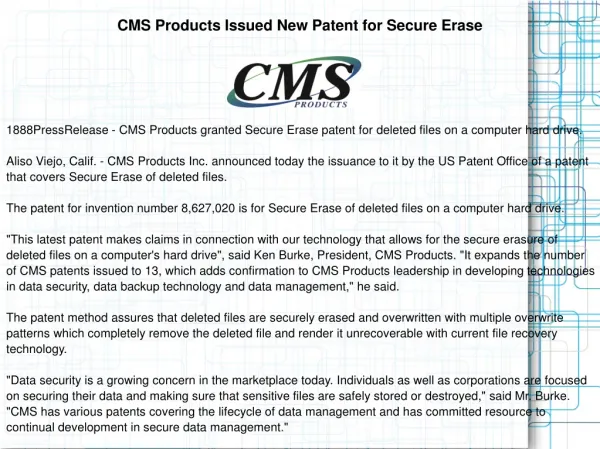 CMS Products Issued New Patent for Secure Erase