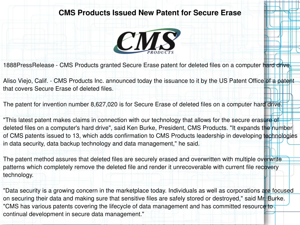 cms products issued new patent for secure erase