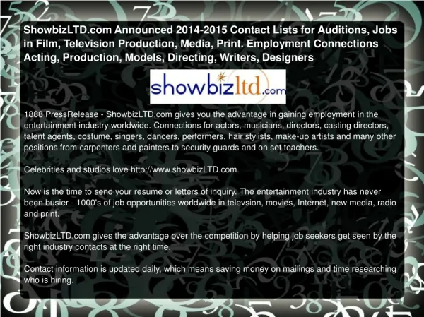 ShowbizLTD.com Announced 2014-2015 Contact Lists for Auditio