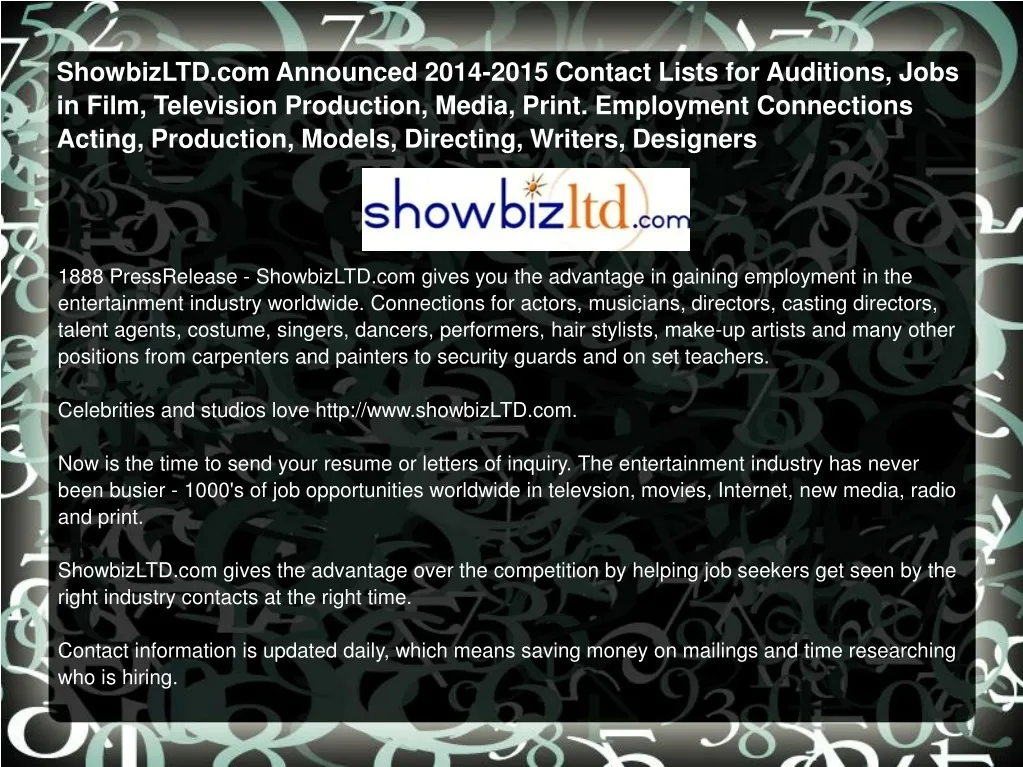 showbizltd com announced 2014 2015 contact lists
