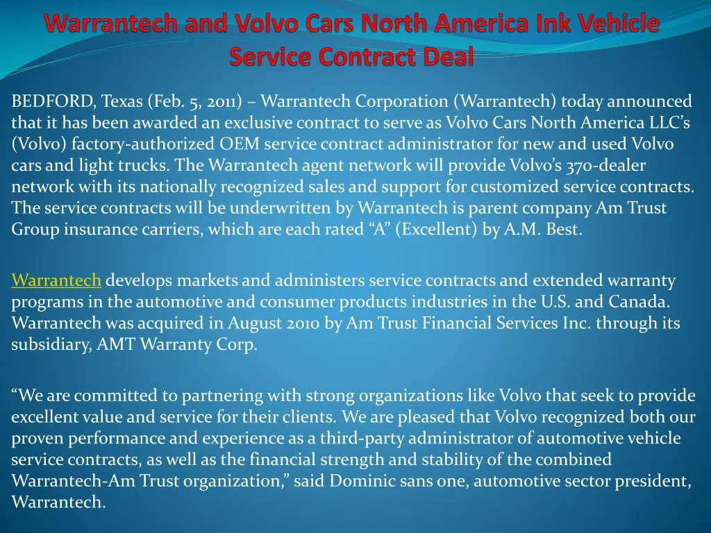 warrantech and volvo cars north america ink vehicle service contract deal
