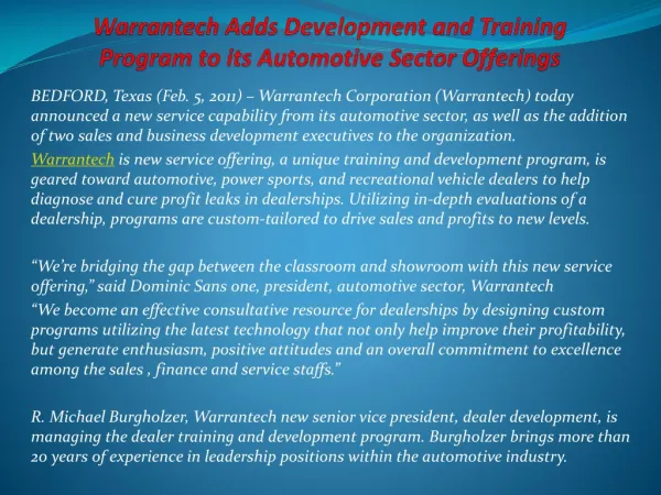 Warrantech Adds Development and Training Program to its Auto