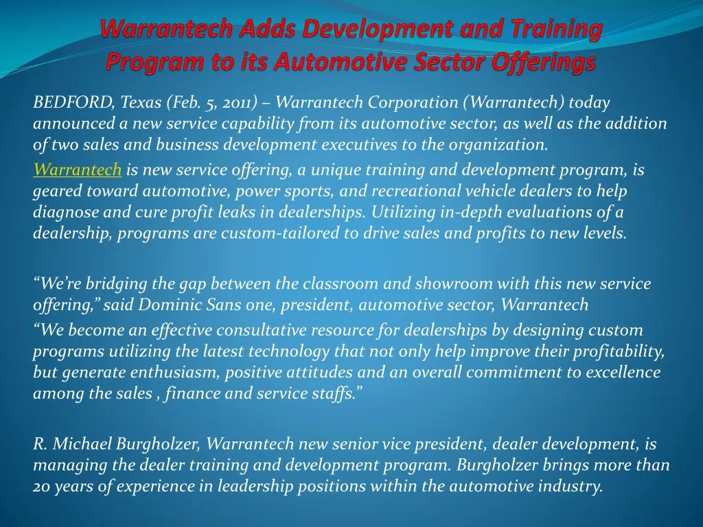 warrantech adds development and training program to its automotive sector offerings