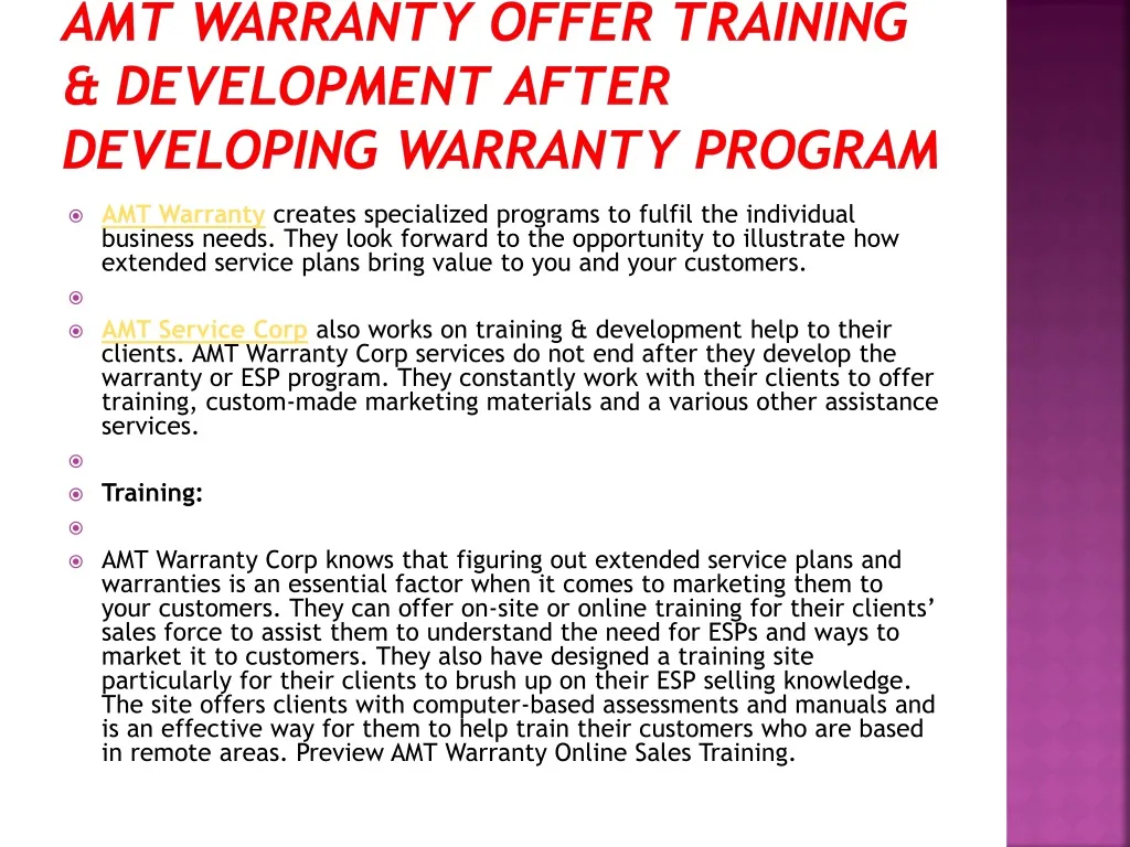 amt warranty offer training development after developing warranty program