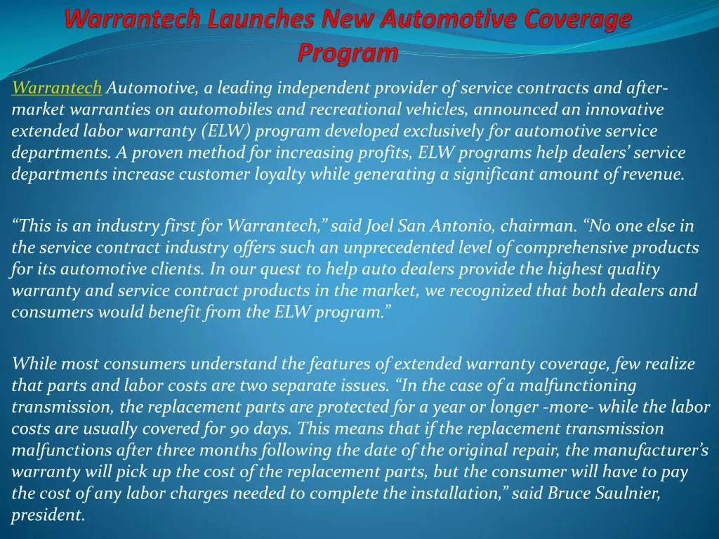 warrantech launches new automotive coverage program