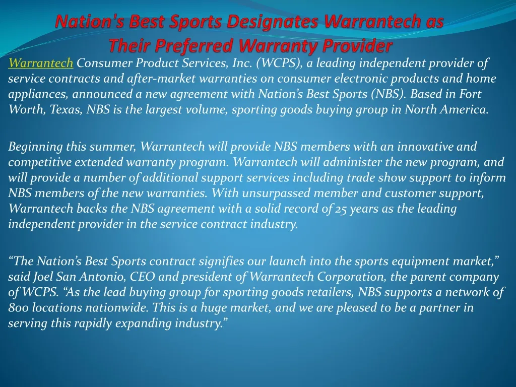 nation s best sports designates warrantech as their preferred warranty provider