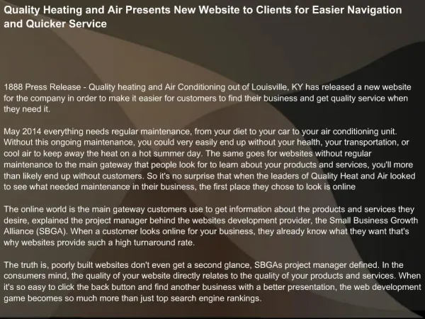 Quality Heating and Air Presents New Website