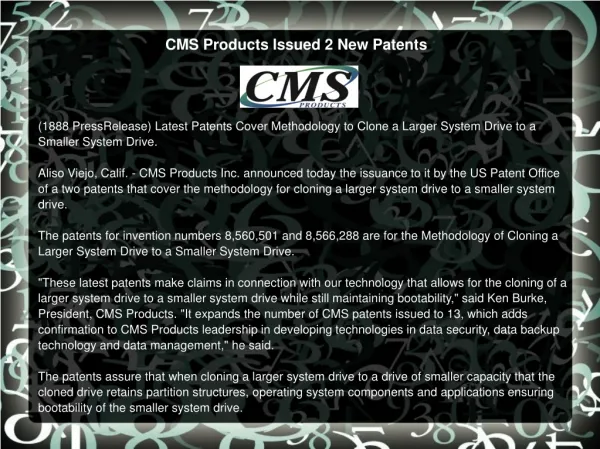 CMS Products Issued 2 New Patents