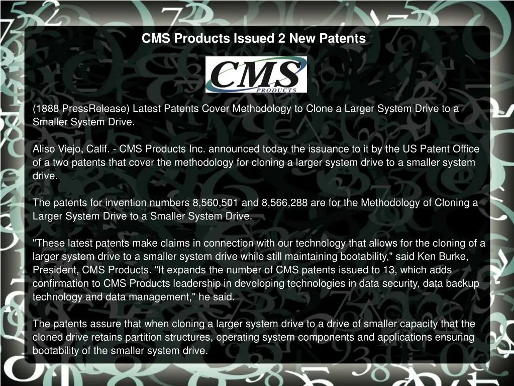 cms products issued 2 new patents