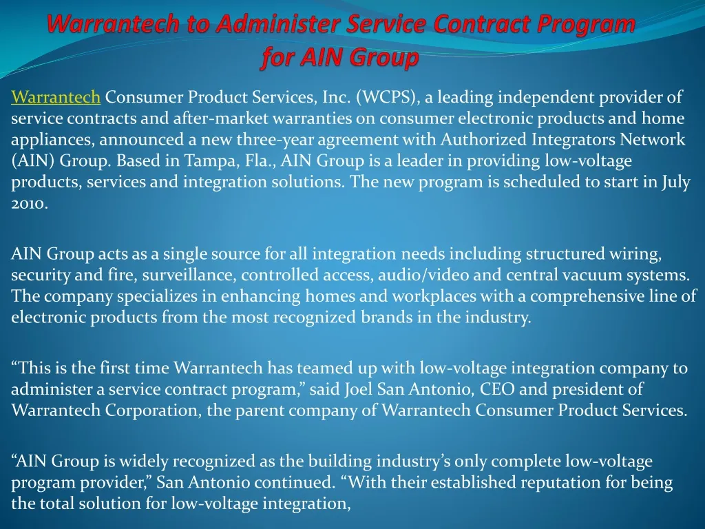 warrantech to administer service contract program for ain group