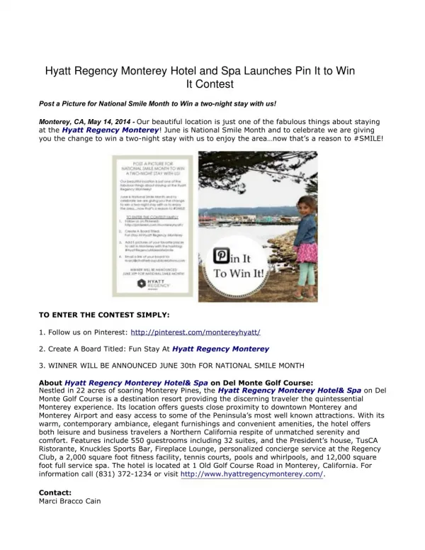 Hyatt Regency Monterey Hotel and Spa Launches Pin It to Win