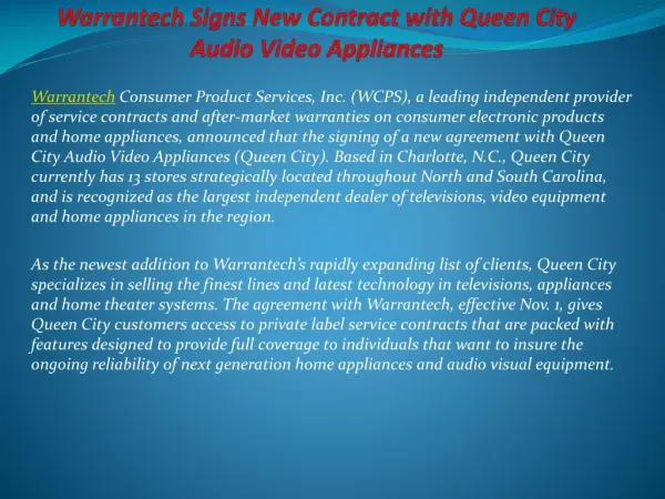 Warrantech Signs New Contract with Queen City Audio Video Ap