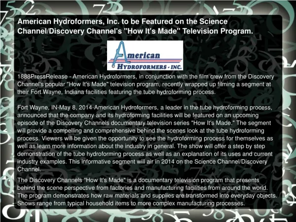 American Hydroformers, Inc. to be Featured