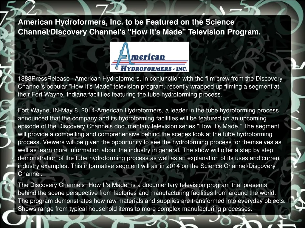american hydroformers inc to be featured