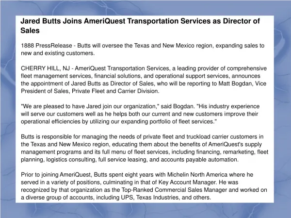 Jared Butts Joins AmeriQuest Transportation Services