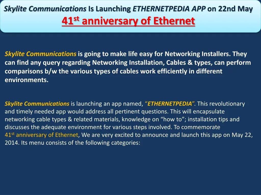 skylite communications is launching ethernetpedia
