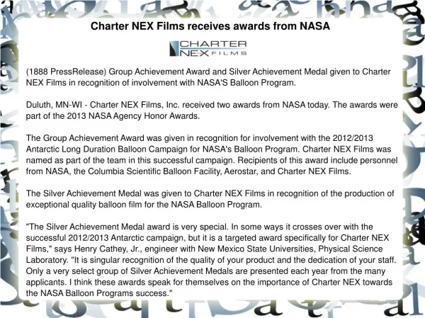 Charter NEX Films receives awards from NASA
