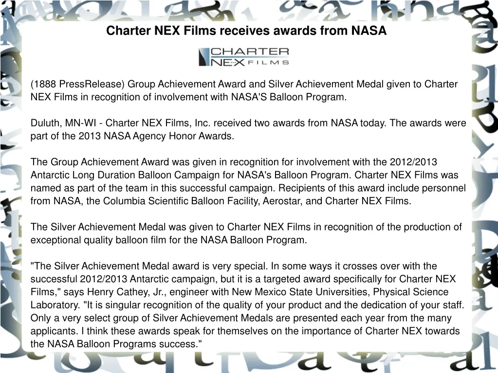 charter nex films receives awards from nasa